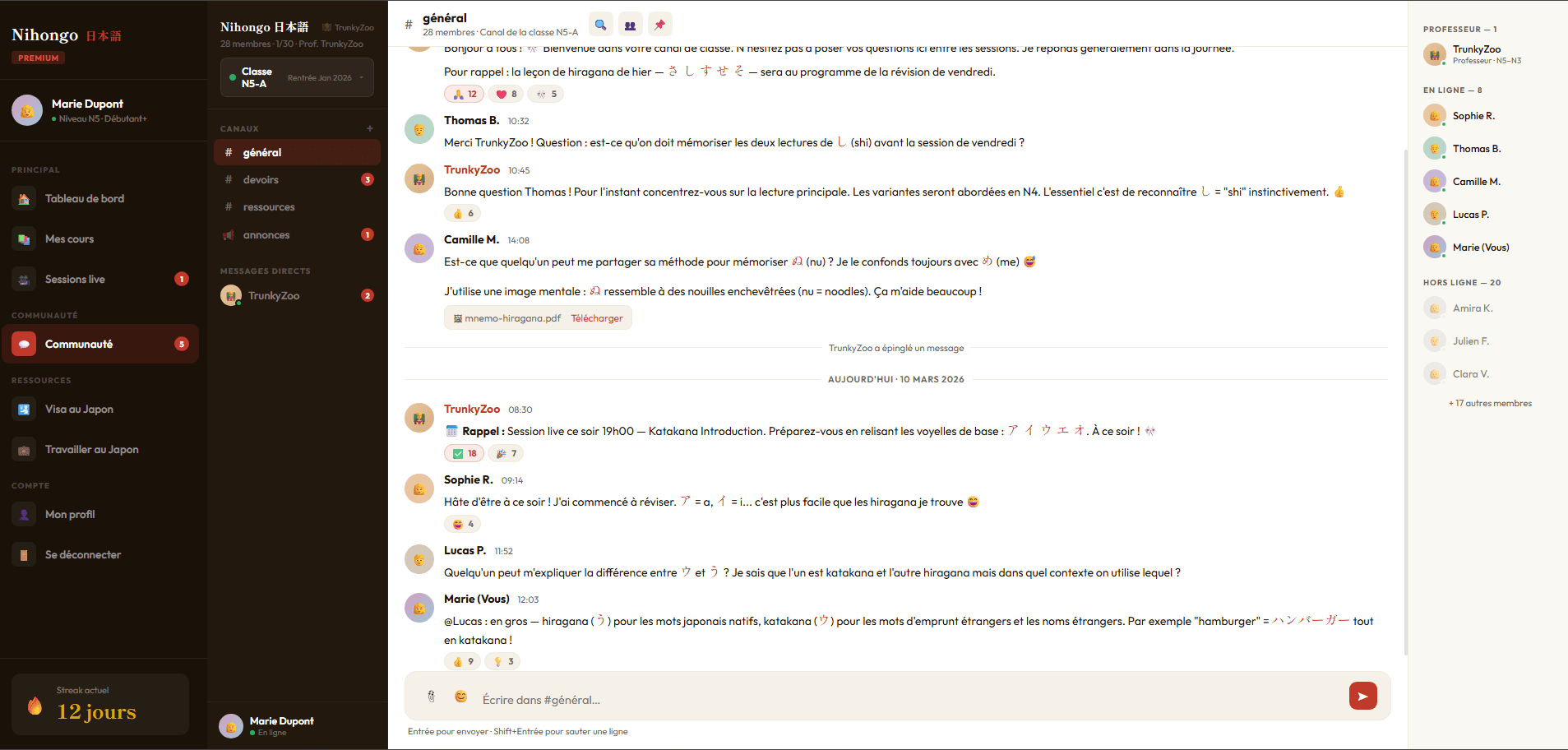 Chat ou classes sur la plateforme japonaise