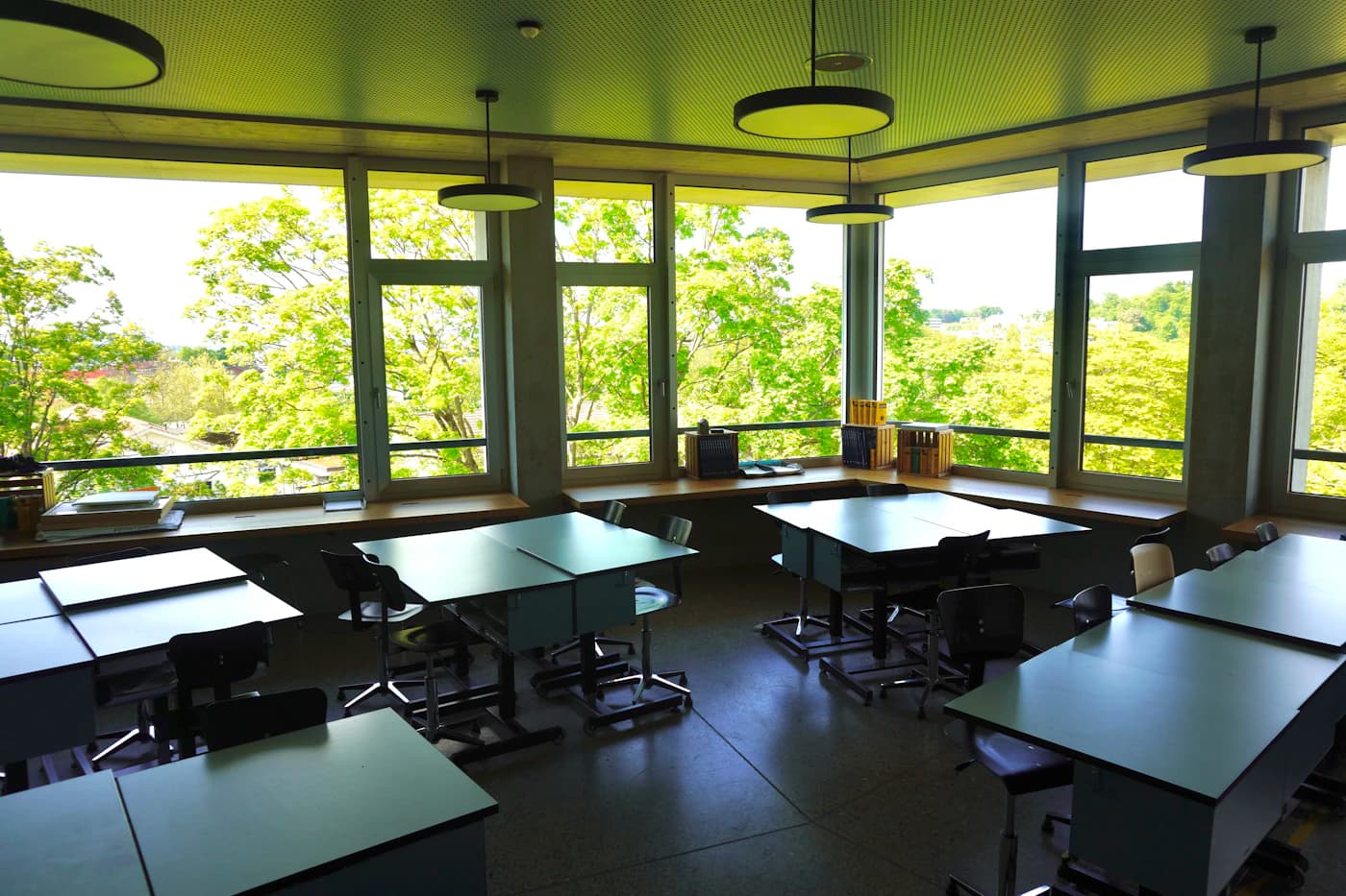 Training room with desks and natural light