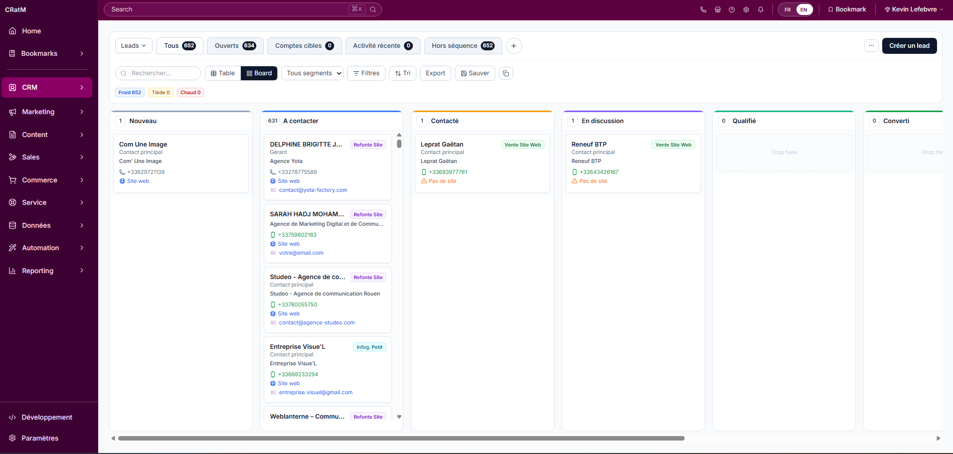 Vue détaillée d'un lead dans le CRM