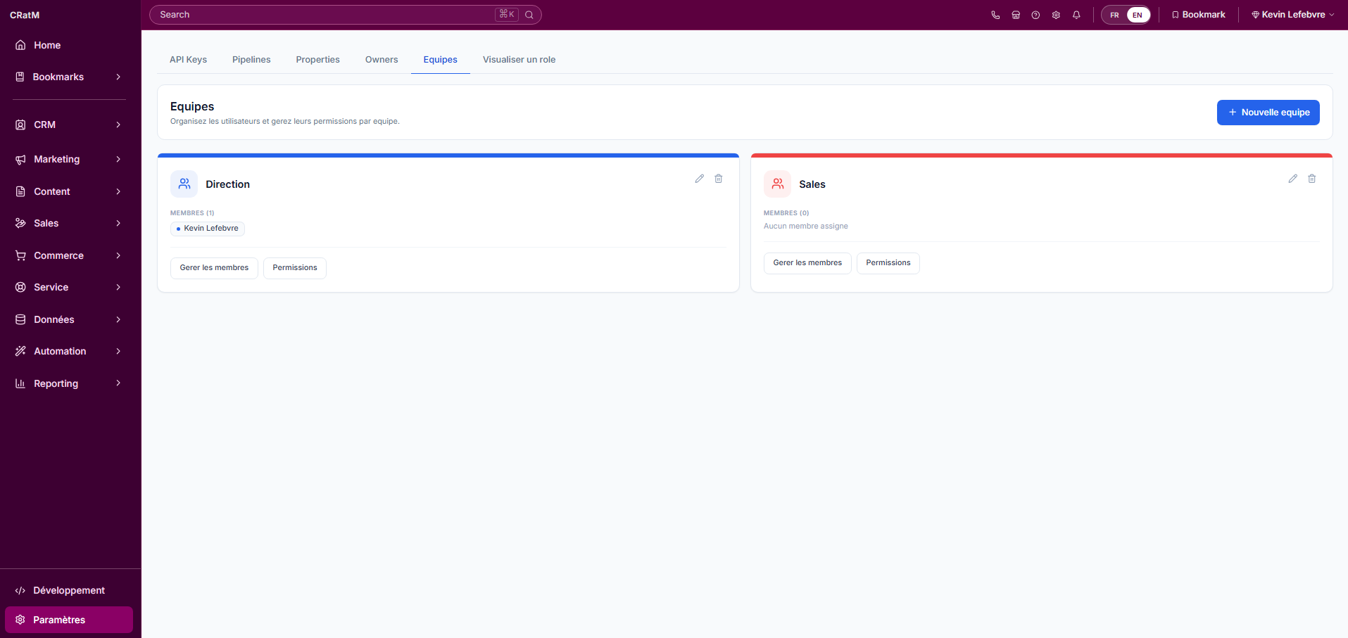 Interface équipe du CRM