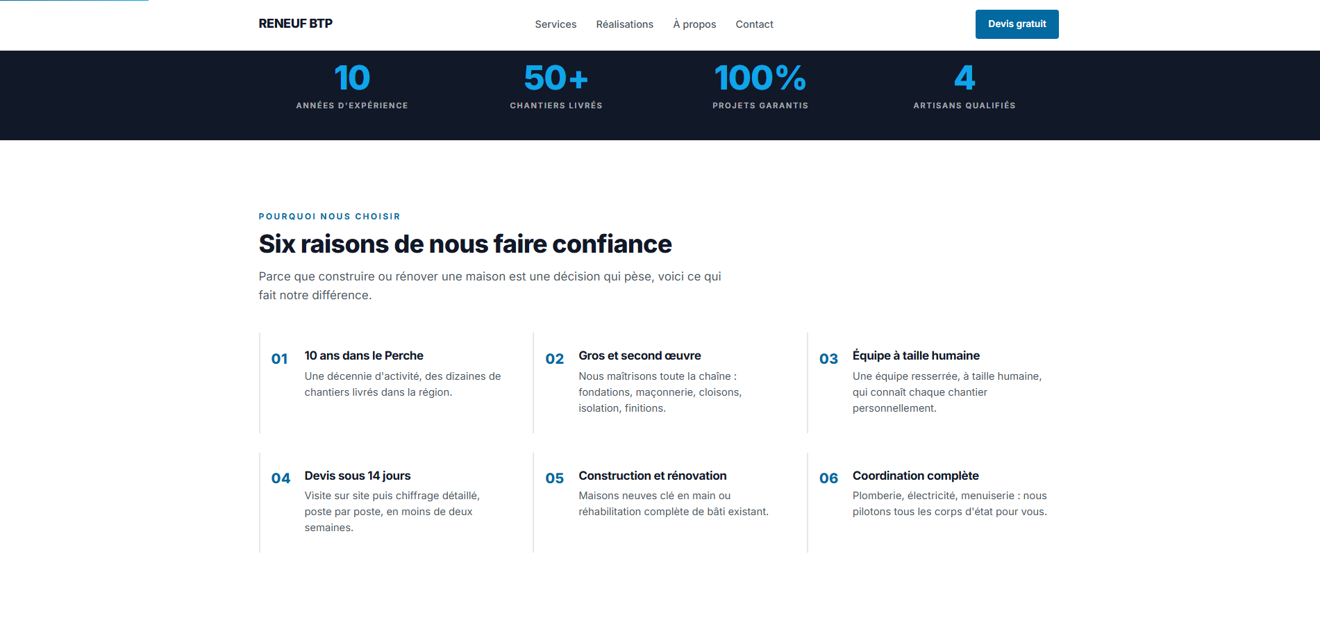 Section après le hero sur Reneuf BTP