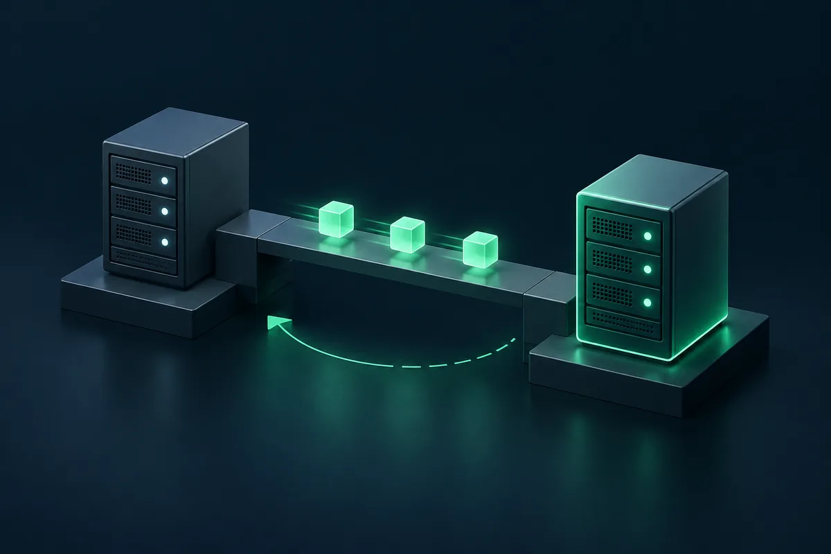 Virtual machines moving gradually between two servers, with a planned return path.