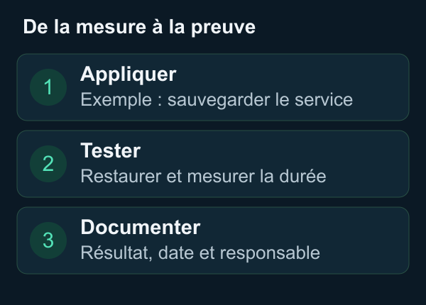 Une mesure de sécurité doit être appliquée, testée puis documentée. Exemple : restaurer une sauvegarde et conserver le compte rendu.